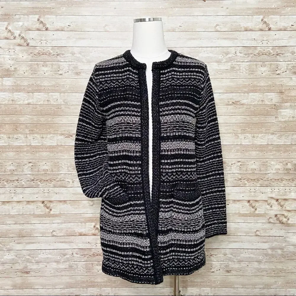 Talbots Tweed Blazer Black Silver Open Front Coat Preppy Work Minimalist Size SP